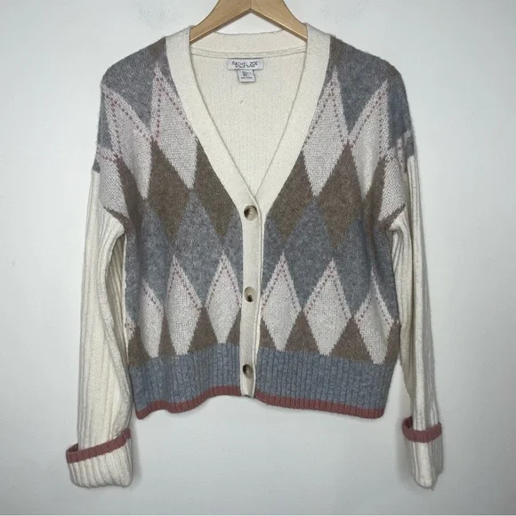 Rachel Zoe Academia Argyle Preppy Cardigan Sweater Size S Neutral Long Sleeve - Picture 12 of 12